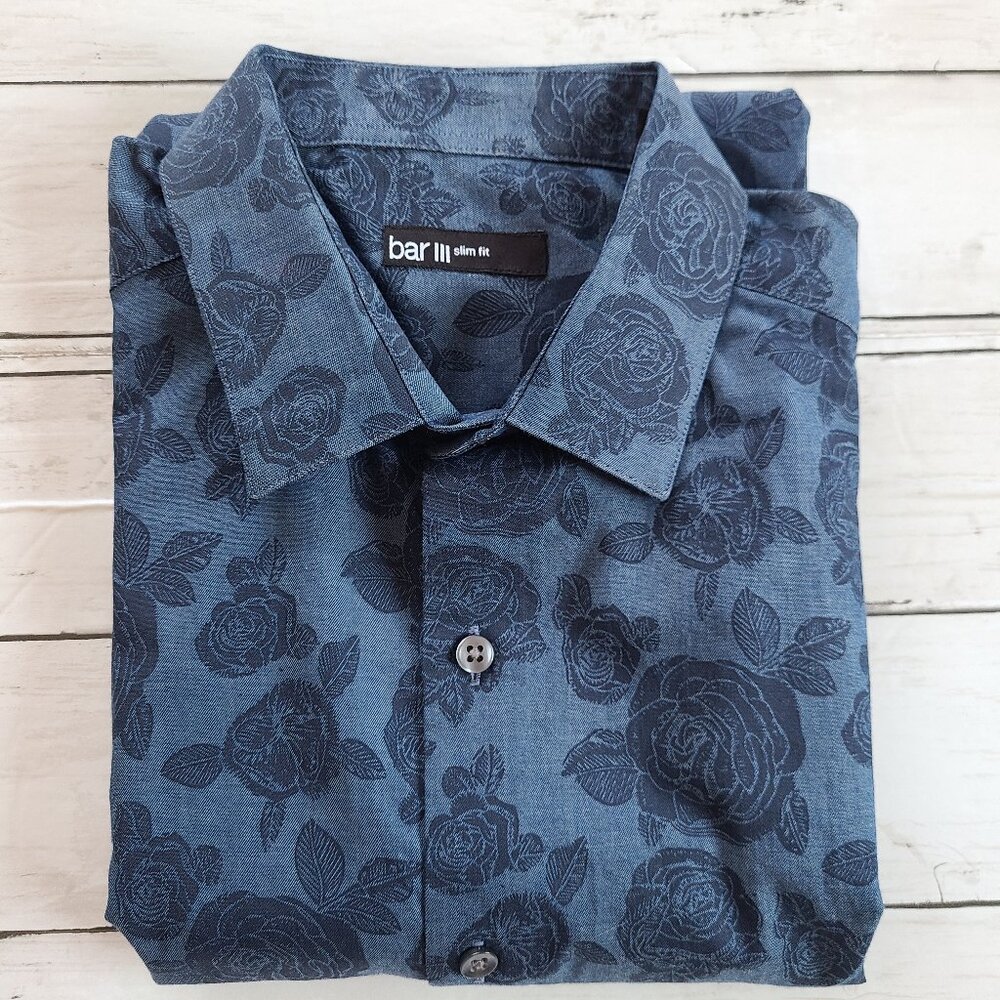 COPY - Bar III Slim Fit Men's Rose Print Button-Up Shirt - Dark Blue, Size M